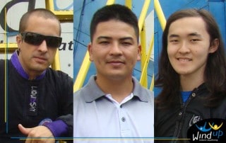 Alex Cardena, Gabriel Toshimi e Michel Kazuo no túnel de vento Wind up